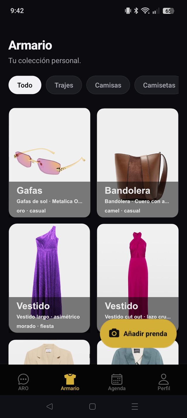 Écran ARO affichant le dressing organisé par pièces et associations.
